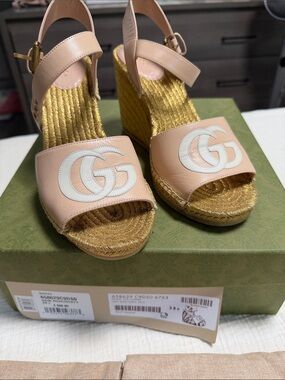 Gucci Pink Leather GG Espadrille Wedge Sandals with Gold Rope Platform